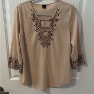 6 by Six Cream Embroidered Blouse with Three-Quarter Sleeves